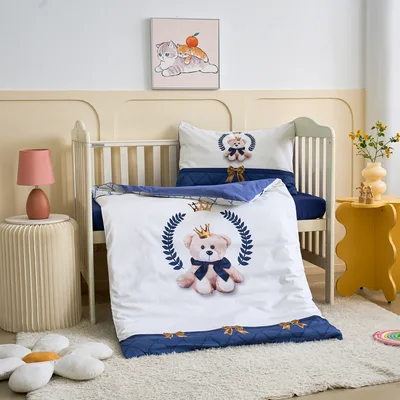 סט מצעים למיטת תינוק/מעבר 100% כותנה סאטן דגם רויאל טדי כחול